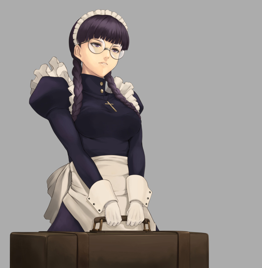 1girl, black_hair, black_lagoon, braid, cross, cross_necklace, din_(raiden), glasses