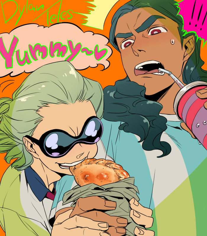 2boys, bust, character_name, dylan_keith, eating, empanada, english, food, goggles, green_hair, heart, inazuma_eleven, inazuma_eleven_(series), long_hair, male_focus, multiple_boys, open_mouth, orange_background, red_eyes, simple_background, soccer_uniform, spoken_heart, sportswear, tei03, teres_tolue, the_empire, unicorn_(inazuma_eleven)