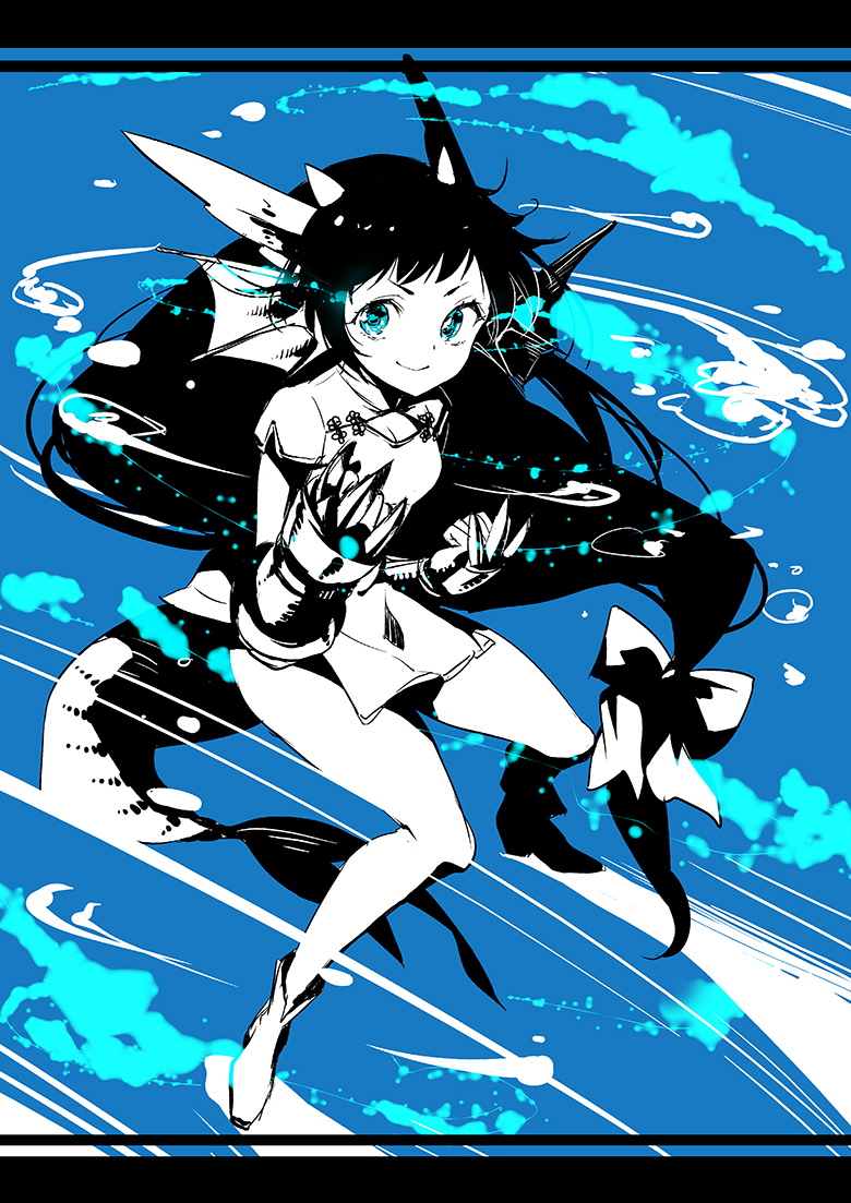 >:), 1girl, ankle_boots, blue, blue_eyes, boots, bow, brass_knuckles, breasts, china_dress, chinese_clothes, claws, cleavage, cleavage_cutout, dragon_girl, dragon_horns, dragon_tail, glowing, glowing_eyes, hair_bow, head_fins, horns, karin_(p&amp;d), long_hair, low-tied_long_hair, minaminamina, puzzle_&amp;_dragons, short_sleeves, solo, spot_color, tail, very_long_hair, weapon