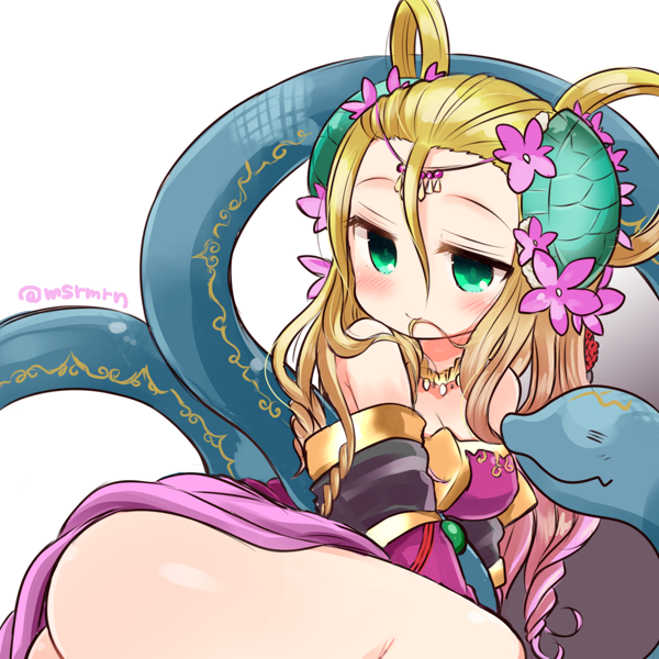 1girl, =_=, animal, ass, bare_shoulders, blush, breasts, circlet
