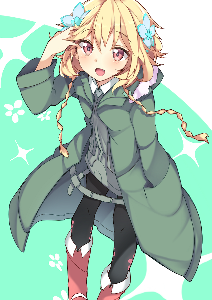 1girl, blonde_hair, boots, braid, fang, hair_ornament, hand_in_pocket, haruyuki_(yukichasoba)