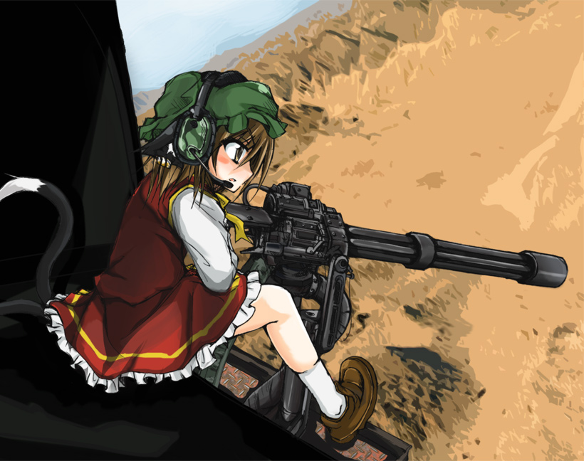 arukana, bad_id, brown_hair, cat_ears, cat_tail, chen, gatling_gun, gun, hat, headphones, headset, helicopter, m134_minigun, machine_gun, multiple_tails, office, short_hair, tail, touhou, weapon, yellow_eyes