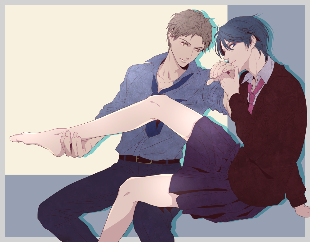 1boy, 1girl, barefoot, blue_hair, brown_eyes, brown_hair, collarbone, couple, gekkan_shoujo_nozaki-kun, green_eyes, hori_masayuki, kashima_yuu, moge-hera, necktie, pleated_skirt, reverse_trap, short_hair, skirt
