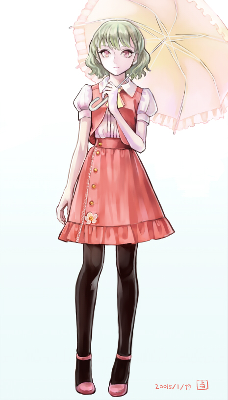 1girl, adapted_costume, arms, ascot, blue_background, dated, full_body, gradient