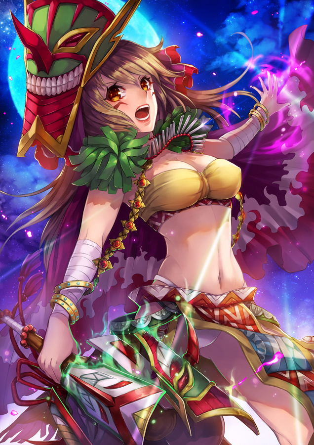 1girl, brown_eyes, brown_hair, facial_mark, headdress, jewelry, kaskia, loincloth