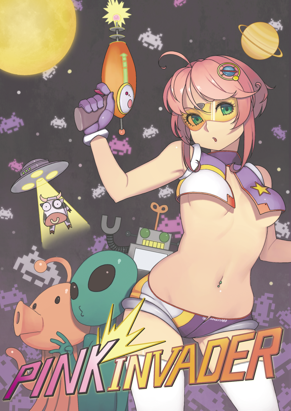 1girl, ahoge, alien, breasts, cow, energy_gun, glasses, gloves