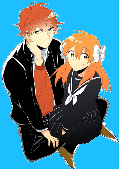 1boy, 1girl, blue_background, bow, gakuran, gekkan_shoujo_nozaki-kun, hair_bow, mikoshiba_mikoto