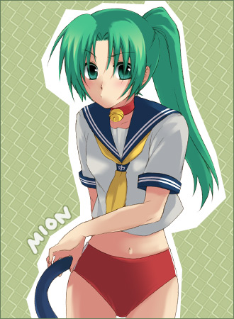 bell, bloomers, collar, green_eyes, green_hair, higurashi_no_naku_koro_ni, lowres, mion_sonozaki, necktie, nekomimi, pony_tail, school_uniform, seifuku, sonozaki_mion, tail, uniform