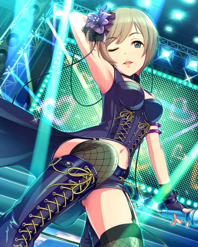 1girl, blonde_hair, blue_eyes, boots, flower, hair_flower, hair_ornament, idolmaster