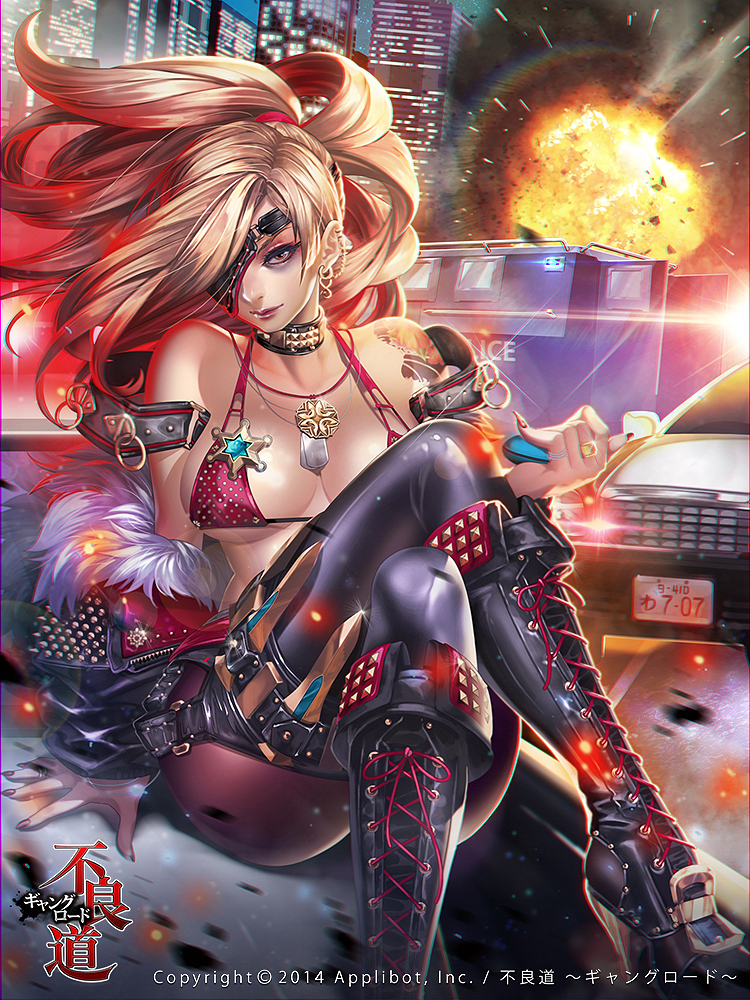 1girl, ass, bikini_top, blonde_hair, boots, breasts, explosion, eyepatch