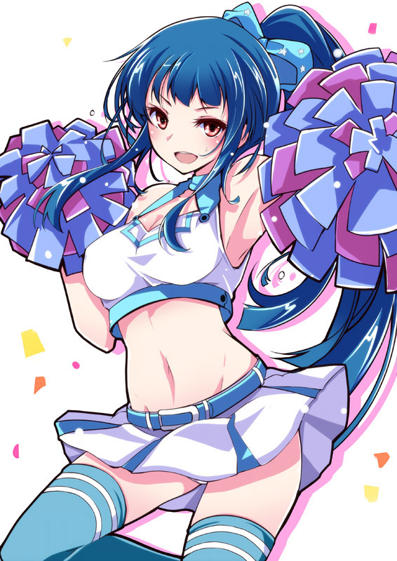 1girl, bare_shoulders, blue_hair, cheerleader, long_hair, midriff, mutou_kurihito, navel