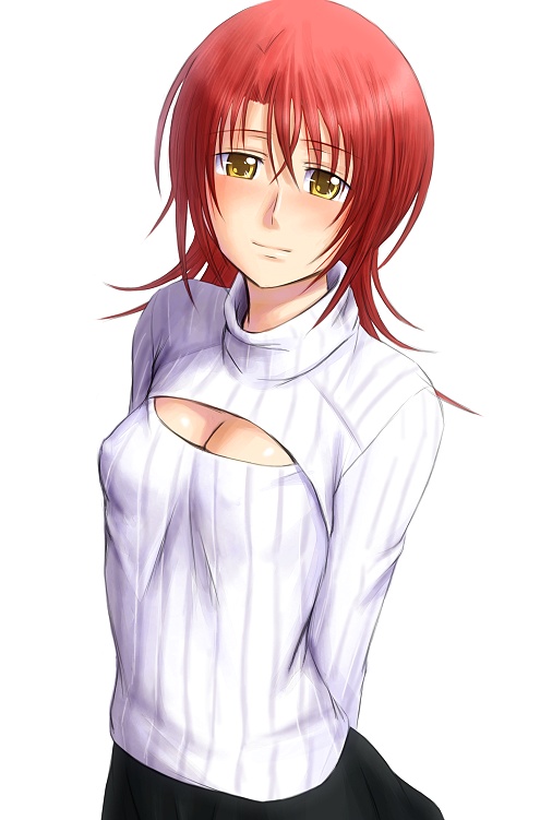 1girl, blush, bonnie_(rsg), cleavage_cutout, hino_kahoko, la_corda_d'oro, looking_at_viewer, open-chest_sweater, redhead, ribbed_sweater, short_hair, solo, sweater, turtleneck, yellow_eyes