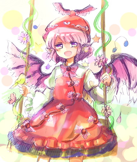 1girl, bird_ear, bird_wings, blanco026, branch, flower, hat_feather, mayo_(mayomr29)