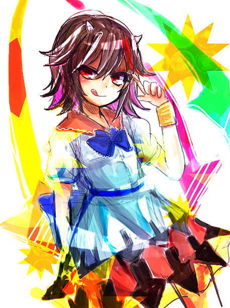 1girl, :d, black_hair, directional_arrow, kijin_seija, mayo_(mayomr29), multicolored_hair, open_mouth