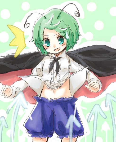 1girl, antennae, blush, cape, flipped, green_eyes, green_hair, mayo_(mayomr29), navel, solo, touhou, wind, wriggle_nightbug