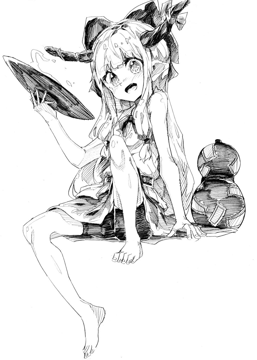 1girl, alcohol, ballpoint_pen_(medium), barefoot, belt, blush, bottle, bow, fang, full_body, hair_ornament, hair_ribbon, highres, horn_ribbon, horns, ibuki_suika, leg_up, long_sleeves, looking_at_viewer, monochrome, monokurokenkenpa, open_mouth, pointy_ears, ribbon, sakazuki, sake, shirt, simple_background, sitting, skirt, sleeveless, smile, solo, touhou, traditional_media, vest, white_background