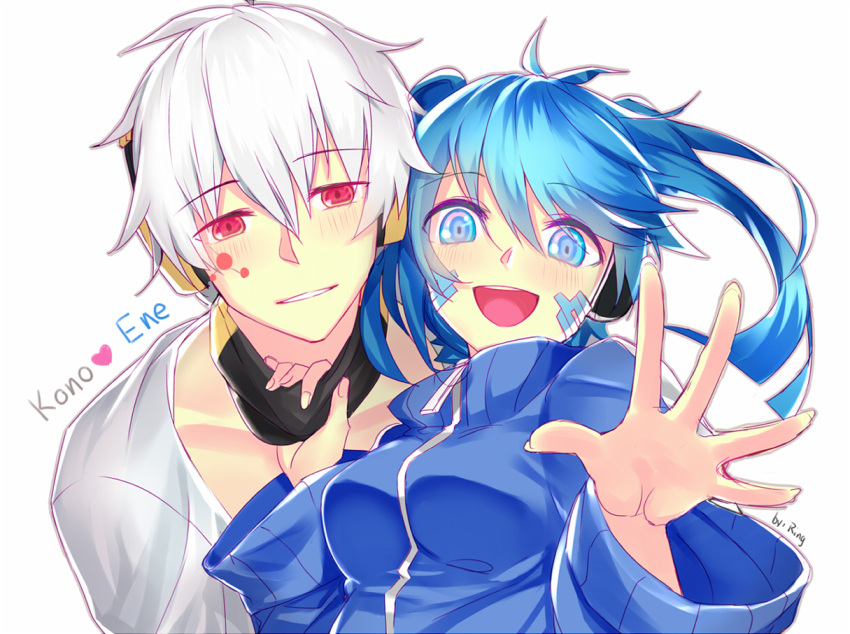 1boy, 1girl, aki663, blue_eyes, blue_hair, couple, ene_(kagerou_project), headphones