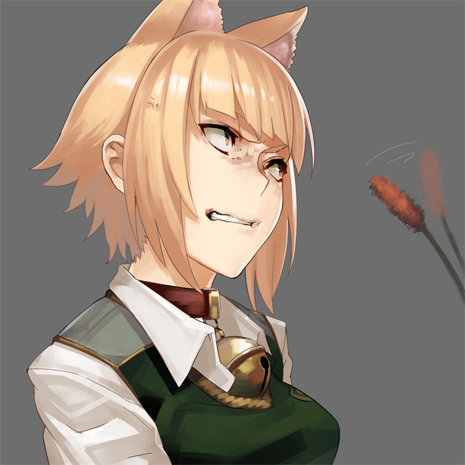 1girl, anger_vein, angry, animal_ears, bell, bell_collar, blonde_hair, breasts