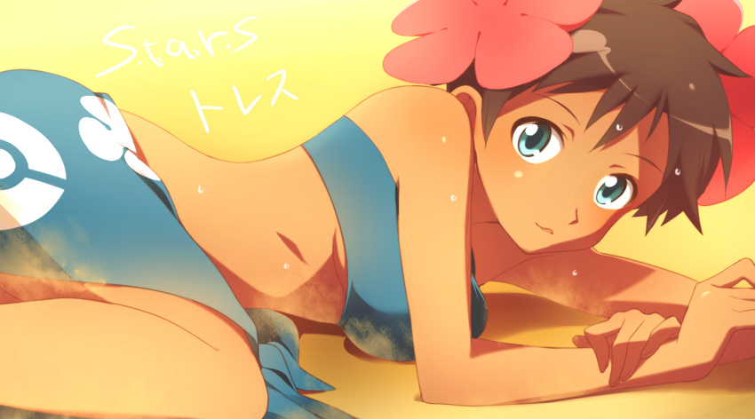 1girl, aqua_eyes, bare_shoulders, breasts, brown_hair, dark_skin, flower, fuyou_(pokemon), hair_flower, hair_ornament, highres, lying, midriff, parted_lips, pokemon, pokemon_(game), pokemon_oras, pokemon_rse, saku_anna, sand, sarong, short_hair, smile, solo, sweat, tubetop, under_boob, yellow_background