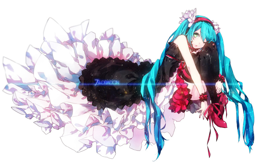 1girl, absurdly_long_hair, aqua_eyes, aqua_hair, dress, frilled_dress, frills, hairband