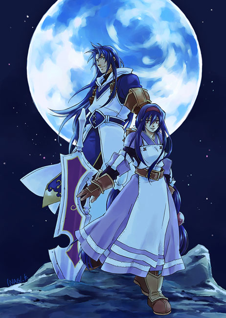 anastasia_valeria, ashley_winchester, blue_hair, character_request, dress, long_hair, moon, sword