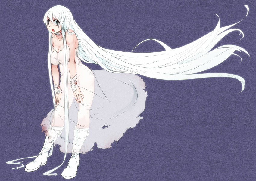 1girl, absurdly_long_hair, aoshima, bandages, bare_arms, bare_shoulders, boots, breasts, cleavage, dress, grey_eyes, highres, kedama, large_breasts, long_hair, no_bra, no_panties, open_mouth, personification, see-through, self-mutilation, silver_hair, solo, strapless_dress, touhou, very_long_hair, white_dress, white_hair