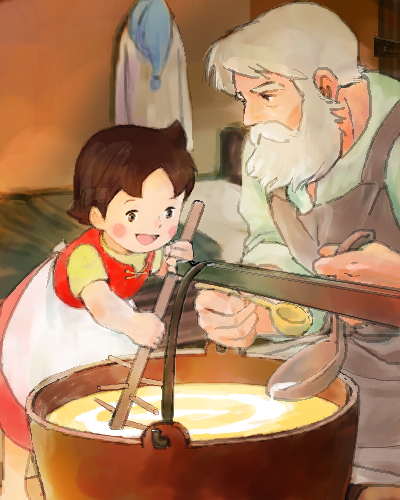 1boy, 1girl, 70s, alps_no_shoujo_heidi, grandpa_(heidi), heidi, heidi_(alps_no_shoujo_heidi), lowres, official_style, old_man, oldschool, sakai_yume, short_hair