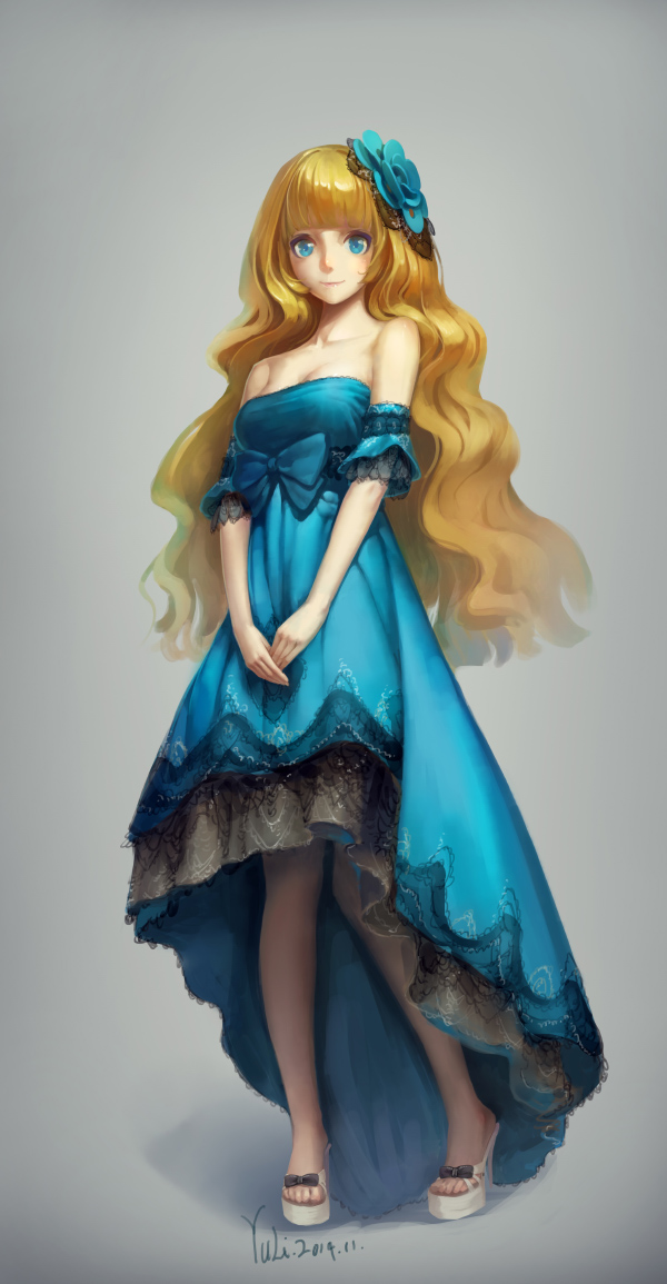1girl, 2014, alternate_costume, alternate_eye_color, bangs, bare_shoulders, blonde_hair, blue_bow