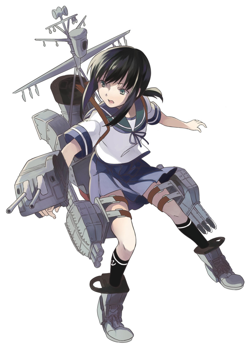 1girl, black_hair, boots, fubuki_(kantai_collection), green_eyes, highres, kantai_collection, kuuga_(cf), long_hair, machinery, open_mouth, ponytail, school_uniform, serafuku, skirt, solo