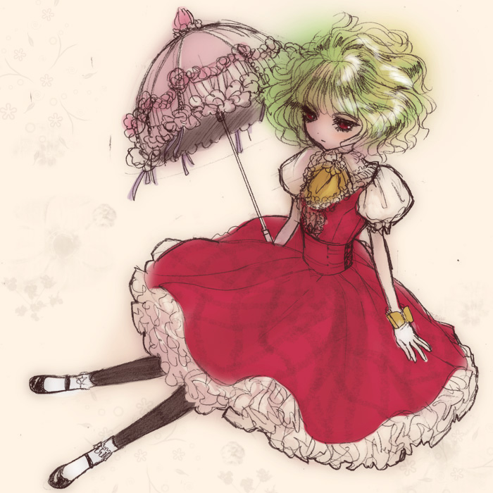 1girl, ascot, black_legwear, dress, frilled_dress, frills, full_body, graphite_(medium), green_hair, kazami_yuuka, mary_janes, noromi, pantyhose, parasol, petticoat, puffy_short_sleeves, puffy_sleeves, red_dress, red_eyes, shoes, short_hair, short_sleeves, socks, solo, touhou, traditional_media, umbrella, white_legwear