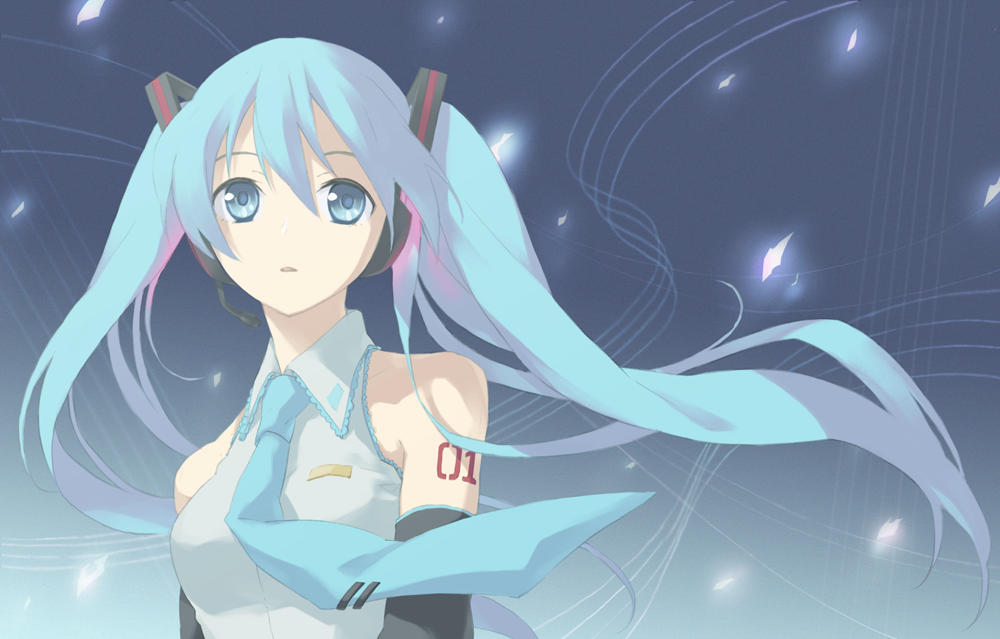 aqua_hair, detached_sleeves, hatsune_miku, headphones, headset, long_hair, necktie, petals