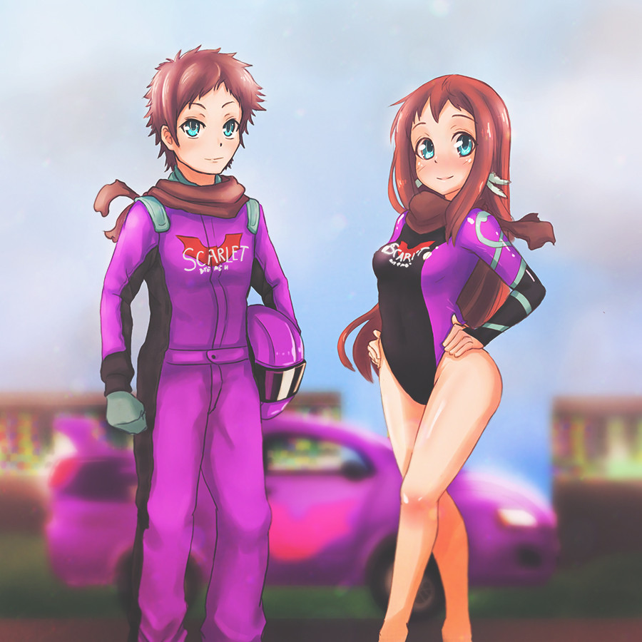 1boy, 1girl, adapted_costume, blue_eyes, blurry, brown_hair, car, clothes_writing, cosplay, couple, depth_of_field, driver, headwear_removed, helmet, helmet_removed, izayoi_sakuya, izayoi_sakuya_(cosplay), long_hair, mascot_(4chan), motor_vehicle, mukaido_manaka, nagi_no_asukara, racequeen, racing_suit, sakishima_hikari, scarf, short_hair, smile, touhou, vehicle