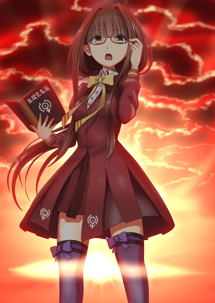 aoki_hagane_no_arpeggio, book, brown_hair, dress, glasses, hiei_(aoki_hagane_no_arpeggio), highres, ju_(old505)