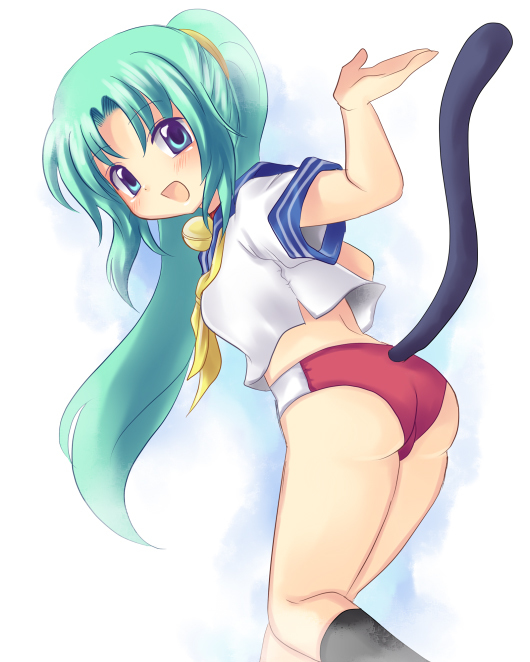 bell, bloomers, collar, green_eyes, green_hair, higurashi_no_naku_koro_ni, knee_highs, mion_sonozaki