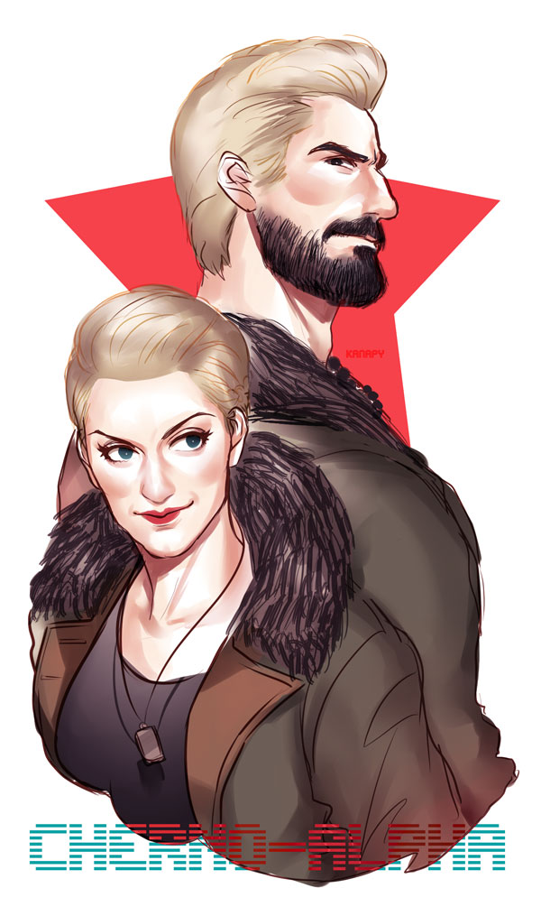 1boy, 1girl, aleksis_kaidanovsky, beard, blonde_hair, dog_tags, facial_hair, kanapy