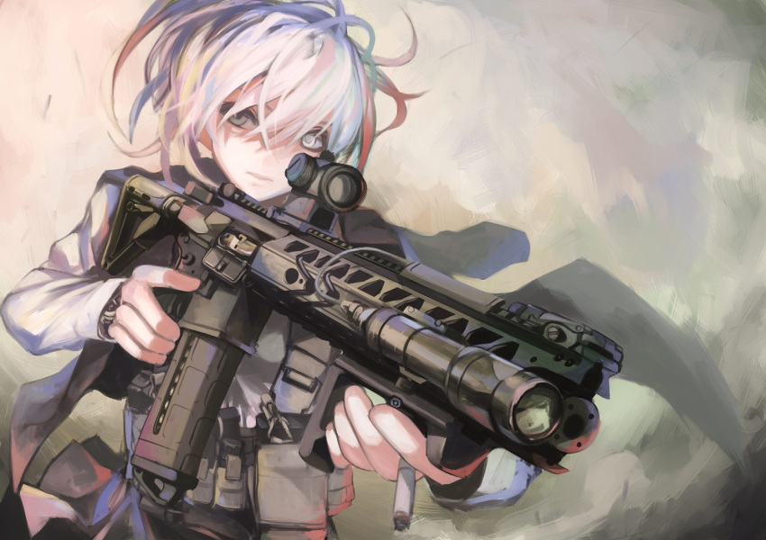 1girl, angled_foregrip, ar-15, assault_rifle, cigarette, gun, load_bearing_vest, looking_away, original, ponytail, rifle, scope, solo, terabyte_(rook777), trigger_discipline, watch, weapon
