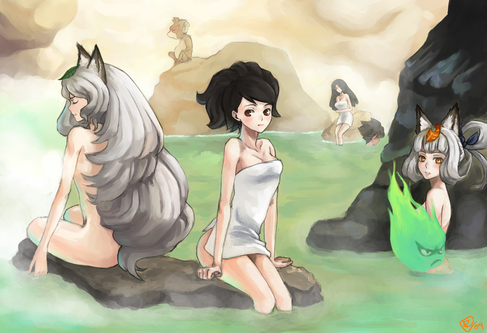 1boy, 4girls, animal, animal_ears, artist_name, bangs, bathing, black_hair, blush, breasts, brown_eyes, brown_hair, cleavage, ener, fox_ears, ghost, grey_hair, hair_ornament, izuna_jinkuro, kisuke, kitsune, kongiku, leaf, leaf_on_head, long_hair, momohime, monkey, multiple_girls, nude, oboro_muramasa, onsen, orange_eyes, payot, red_eyes, torahime, towel, yuzuruha