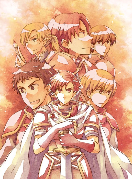 6+boys, ;), alen, armor, blonde_hair, brown_eyes, brown_hair, cain_(fire_emblem)