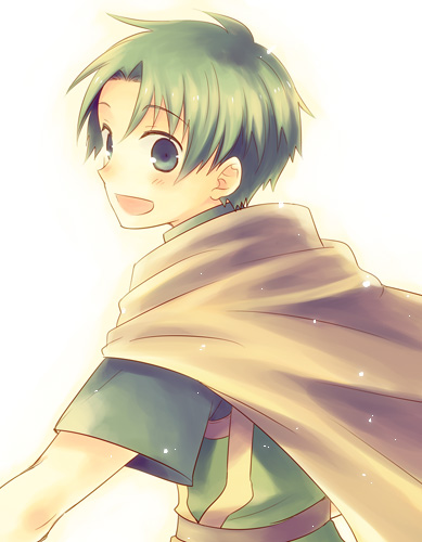 1boy, :d, blue_eyes, blush, cape, fire_emblem, fire_emblem:_fuuin_no_tsurugi, green_hair