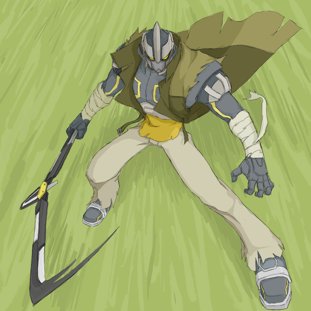 boomerang, boomerang_flash, cape, character_request, green_background, male, mecha, solo, weapon, wild_arms, wild_arms_1