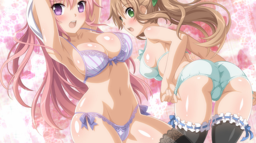 aqua_bra, aqua_panties, armpits, arms_up, ass, blush, bra, breasts