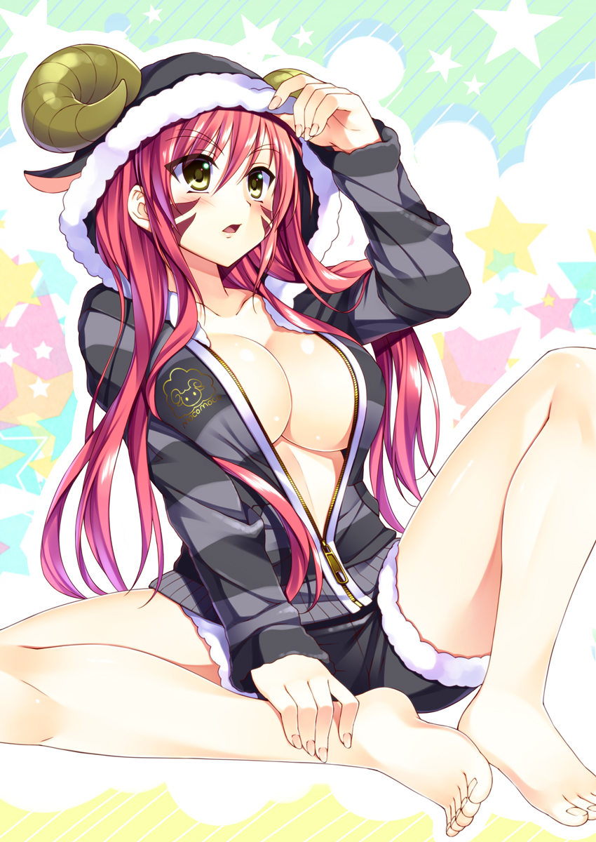 1girl, animal_ears, animal_hood, barefoot, blush, breasts, bucchake_(asami), cleavage