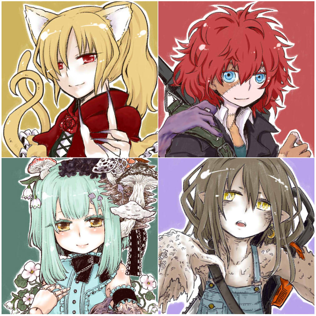 4girls, animal_ears, blonde_hair, blue_eyes, brown_eyes, brown_hair, dress, fox_ears