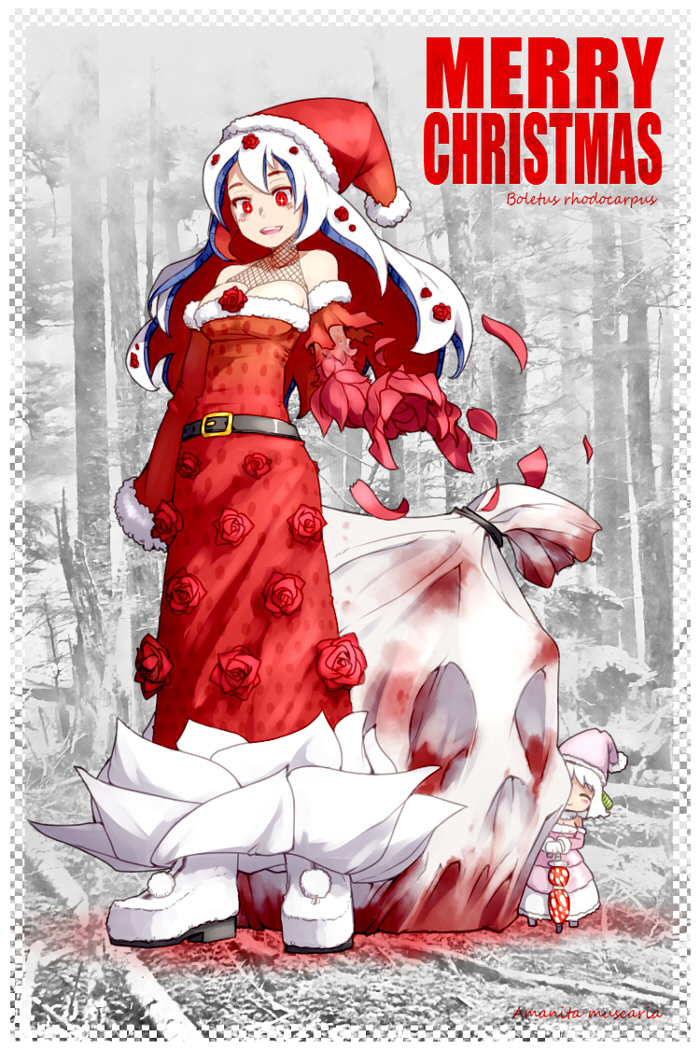 1girl, amanita_muscaria, bare_shoulders, belt, boletus_rhodocarpus, breasts, chibi, christmas