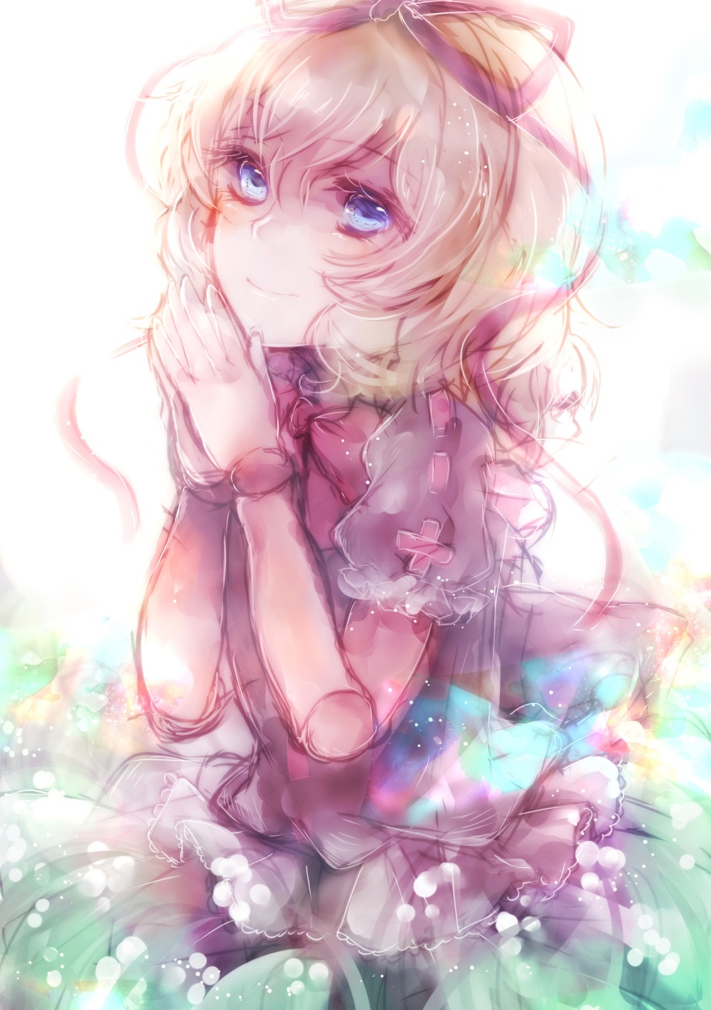 1girl, blonde_hair, blue_eyes, bow, dress, flower, hair_bow, hair_ribbon