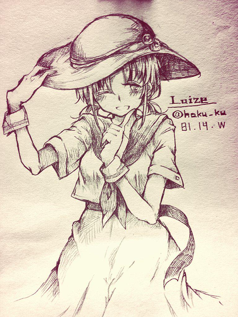 1girl, artist_name, character_name, dress, hat, luize, monochrome, neckerchief