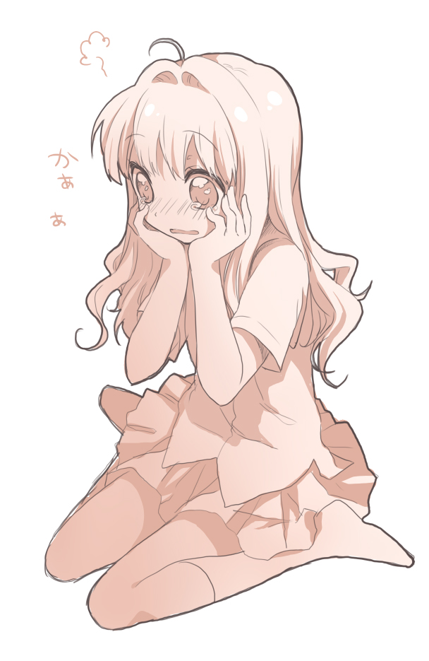 bad_id, blush, cross_channel, embarrassed, hands_on_another's_cheeks, long_hair, monochrome, namori