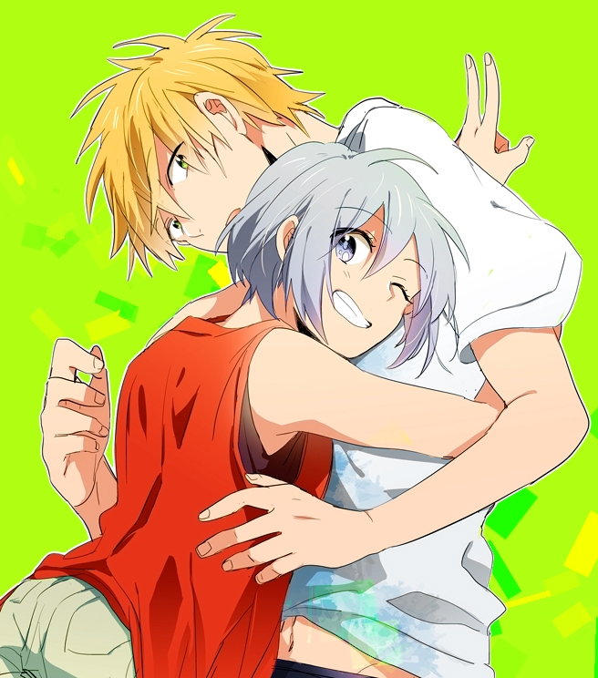 1boy, 1girl, blonde_hair, green_eyes, grey_eyes, hayasaka_kaori_(oresama_teacher), hug, kurosaki_mafuyu