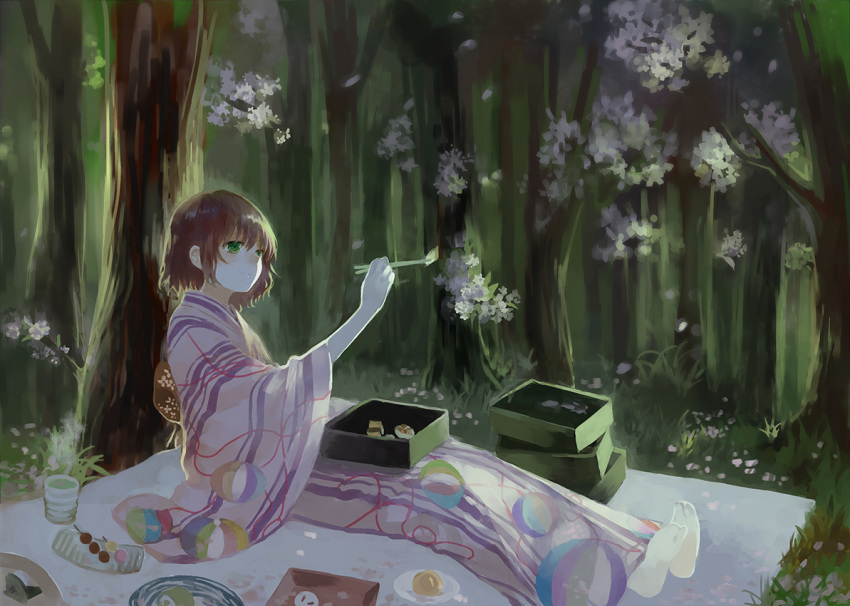 1girl, blush, brown_hair, chopsticks, dango, flower, food, green_hair