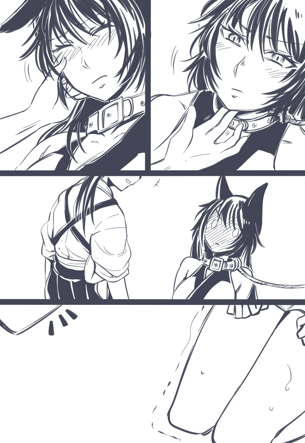 2girls, animal_ears, bai_lao_shu, blush, collar, comic, full-face_blush, hands